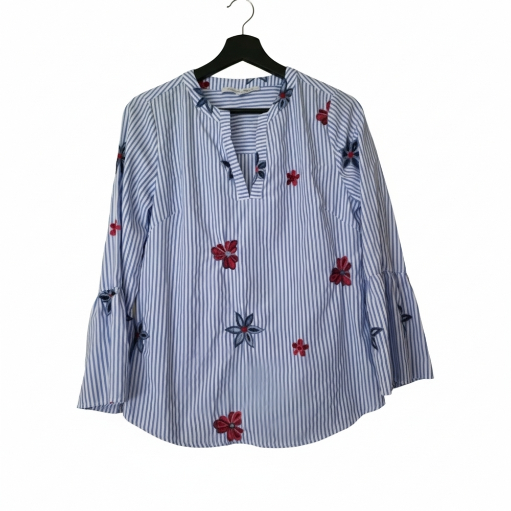 Collective Concepts | Blue Striped Floral Blouse Bell Sleeves S